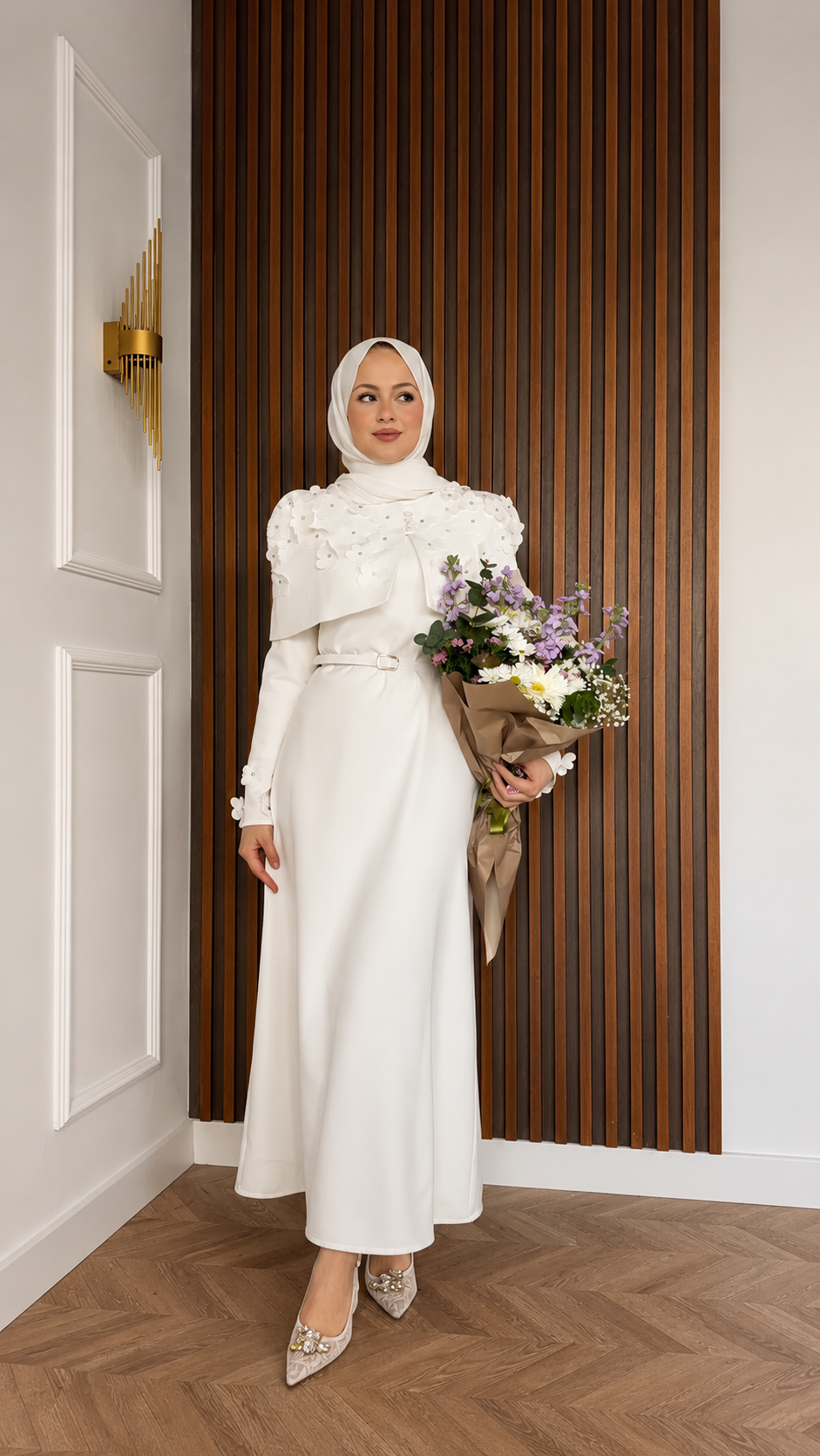 Bride to be Pearl Flower Detail Cape Crepe Dress