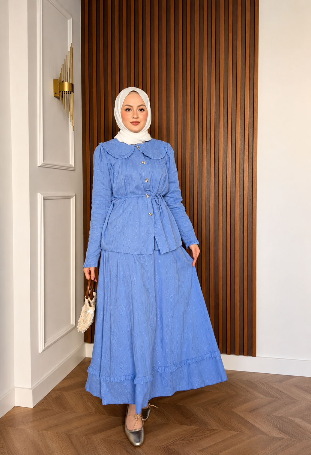 Sky Blue Ruffle-Tirm Skirt Set