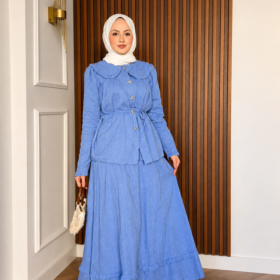Sky Blue Ruffle-Tirm Skirt Set