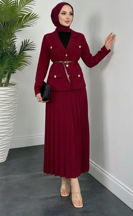 Burgundy Belted Blazer & Pleated Skirt Set