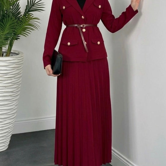 Burgundy Belted Blazer & Pleated Skirt Set