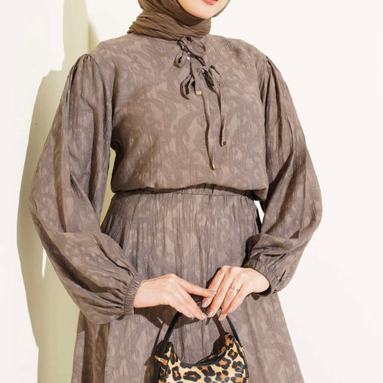 Jacquard Suit with Elasticated Sleeves, Tie-Collar and Skirt