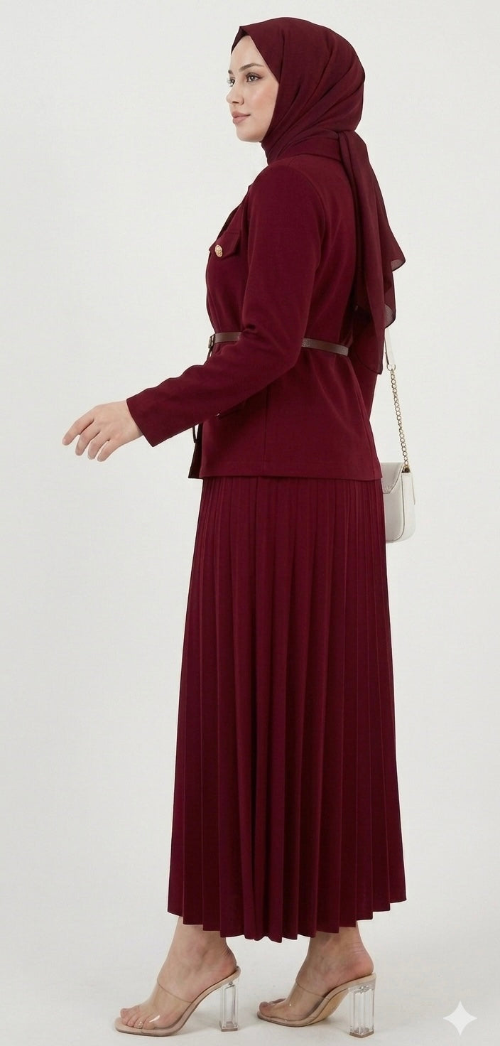 Burgundy Belted Blazer & Pleated Skirt Set