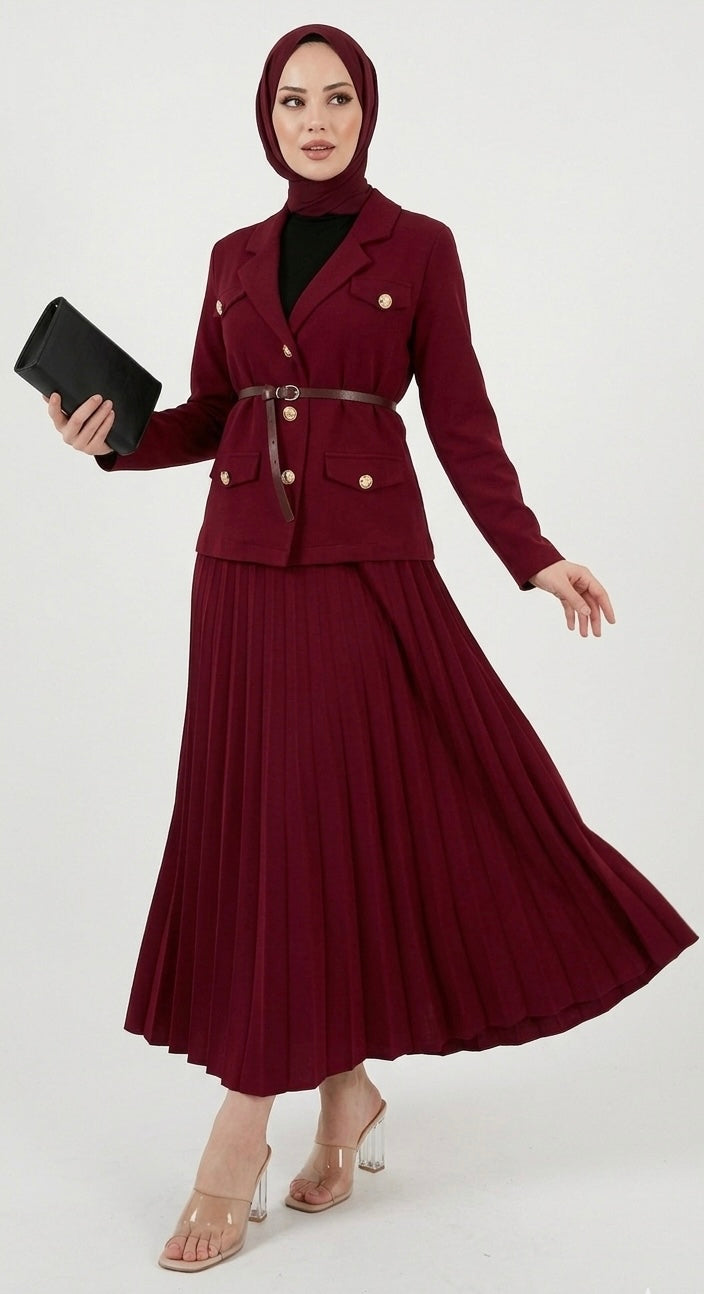 Burgundy Belted Blazer & Pleated Skirt Set