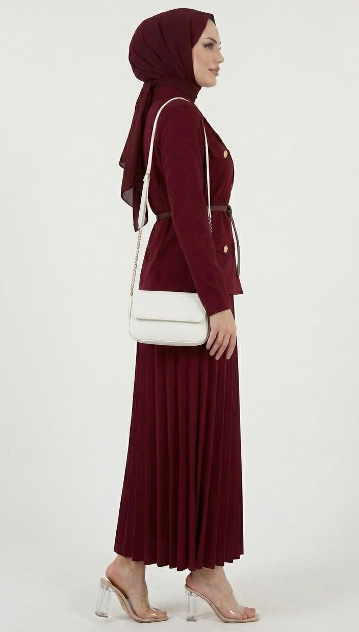 Burgundy Belted Blazer & Pleated Skirt Set