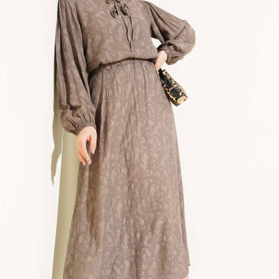 Jacquard Suit with Elasticated Sleeves, Tie-Collar and Skirt