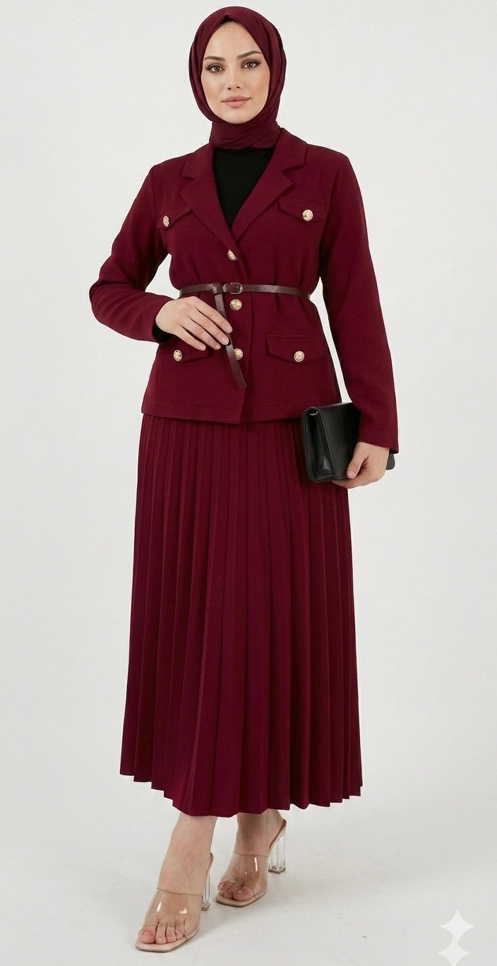 Burgundy Belted Blazer & Pleated Skirt Set