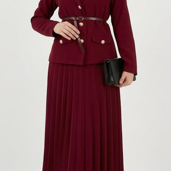 Burgundy Belted Blazer & Pleated Skirt Set