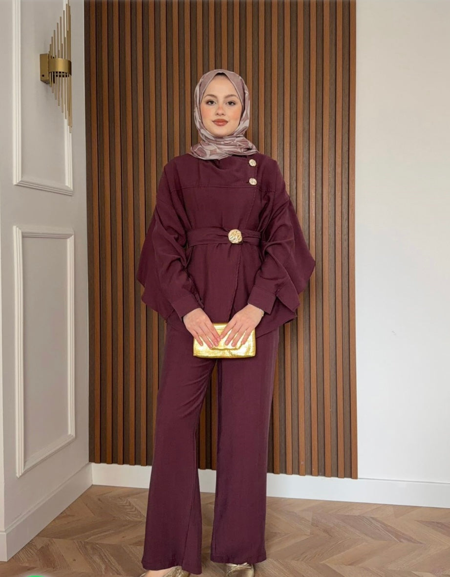 Cape Detail Tencel Pants Set