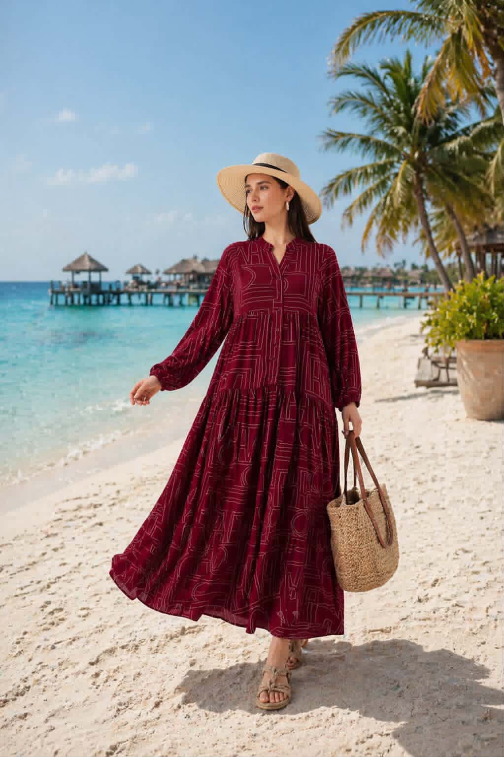 Maroon Geometric Summer Hijab Dress