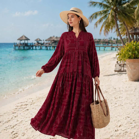 Maroon Geometric Summer Hijab Dress