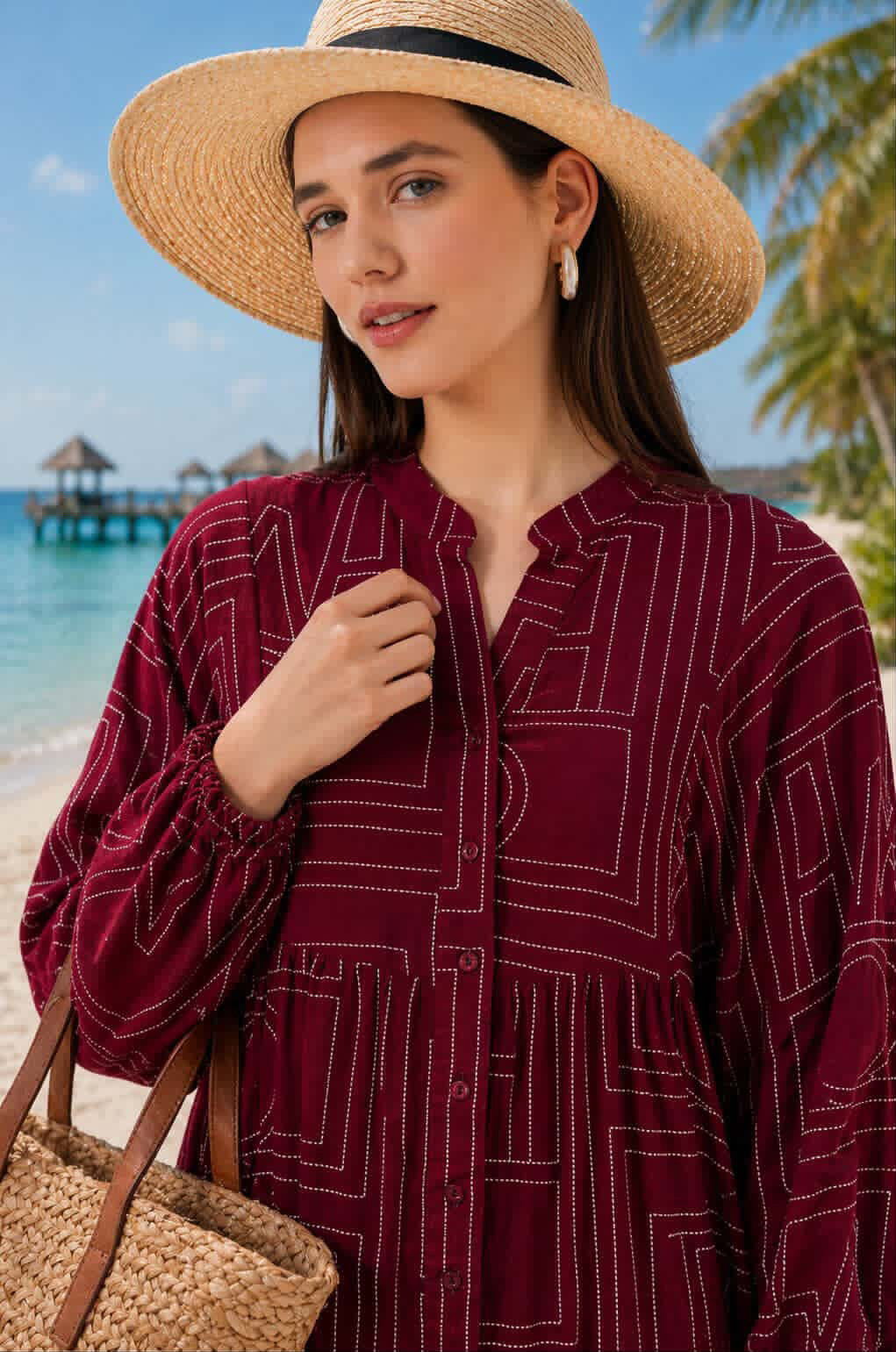 Maroon Geometric Summer Hijab Dress