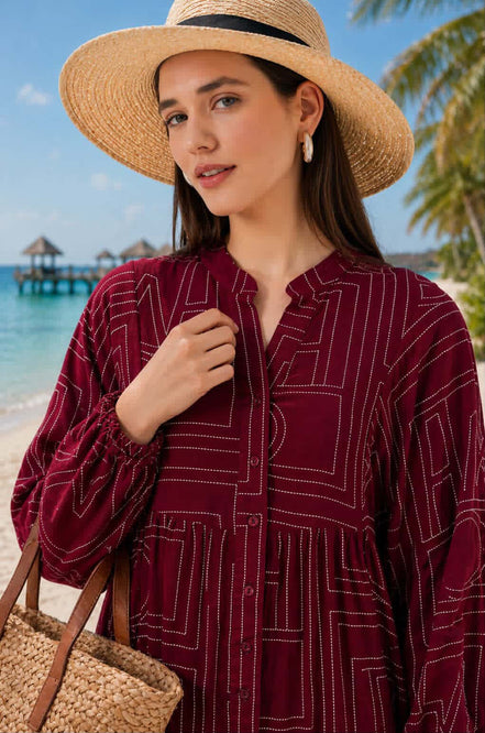 Maroon Geometric Summer Hijab Dress