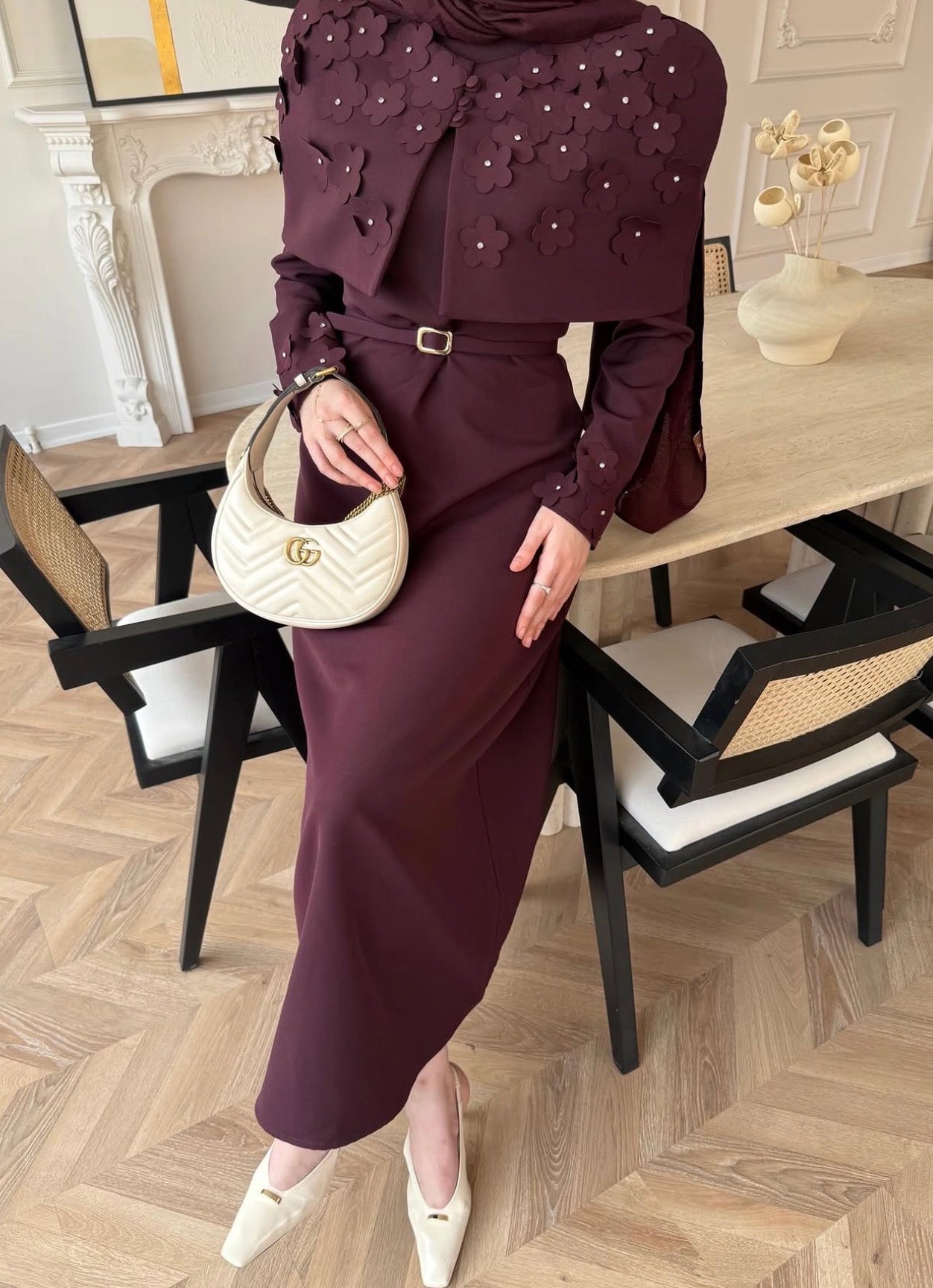 Burgundy Pearl Flower Detail Cape Crepe Dress