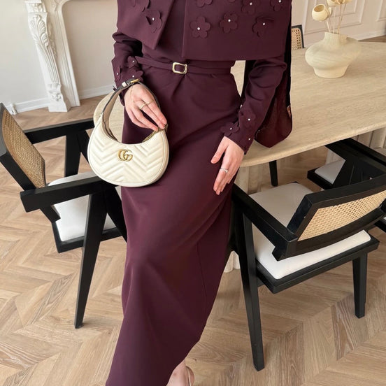 Burgundy Pearl Flower Detail Cape Crepe Dress