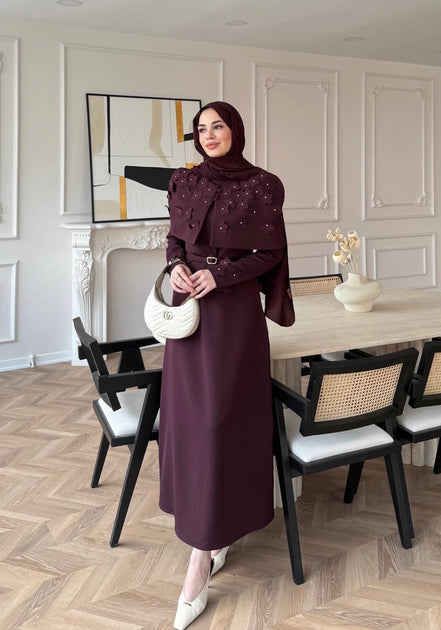 Burgundy Pearl Flower Detail Cape Crepe Dress