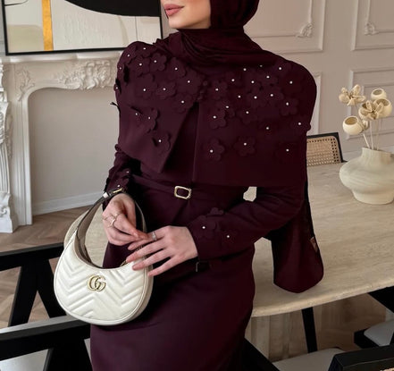 Burgundy Pearl Flower Detail Cape Crepe Dress