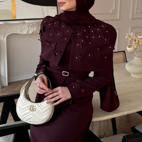 Burgundy Pearl Flower Detail Cape Crepe Dress