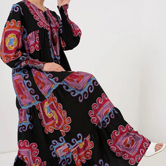 Boho-Chic Tiered Patterned Summer Hijab Dress