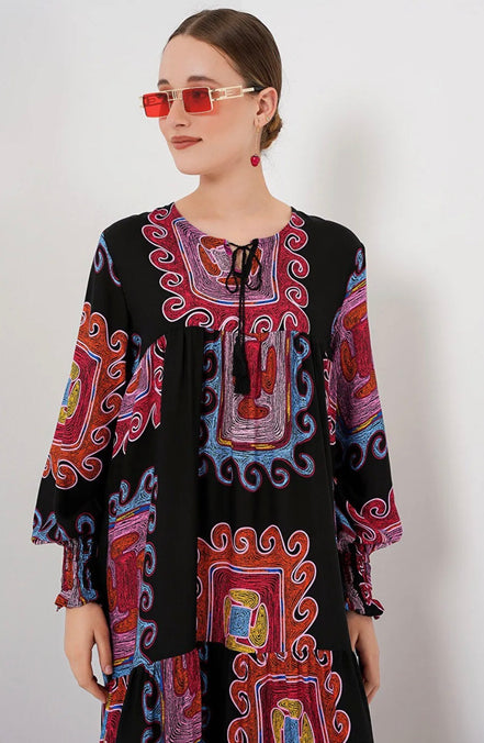 Boho-Chic Tiered Patterned Summer Hijab Dress
