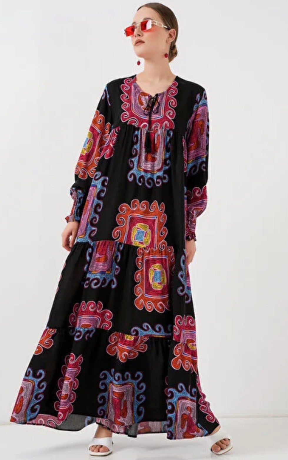 Boho-Chic Tiered Patterned Summer Hijab Dress