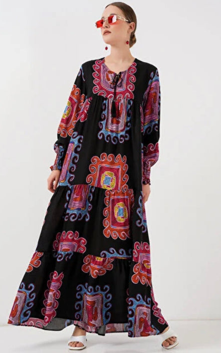 Boho-Chic Tiered Patterned Summer Hijab Dress
