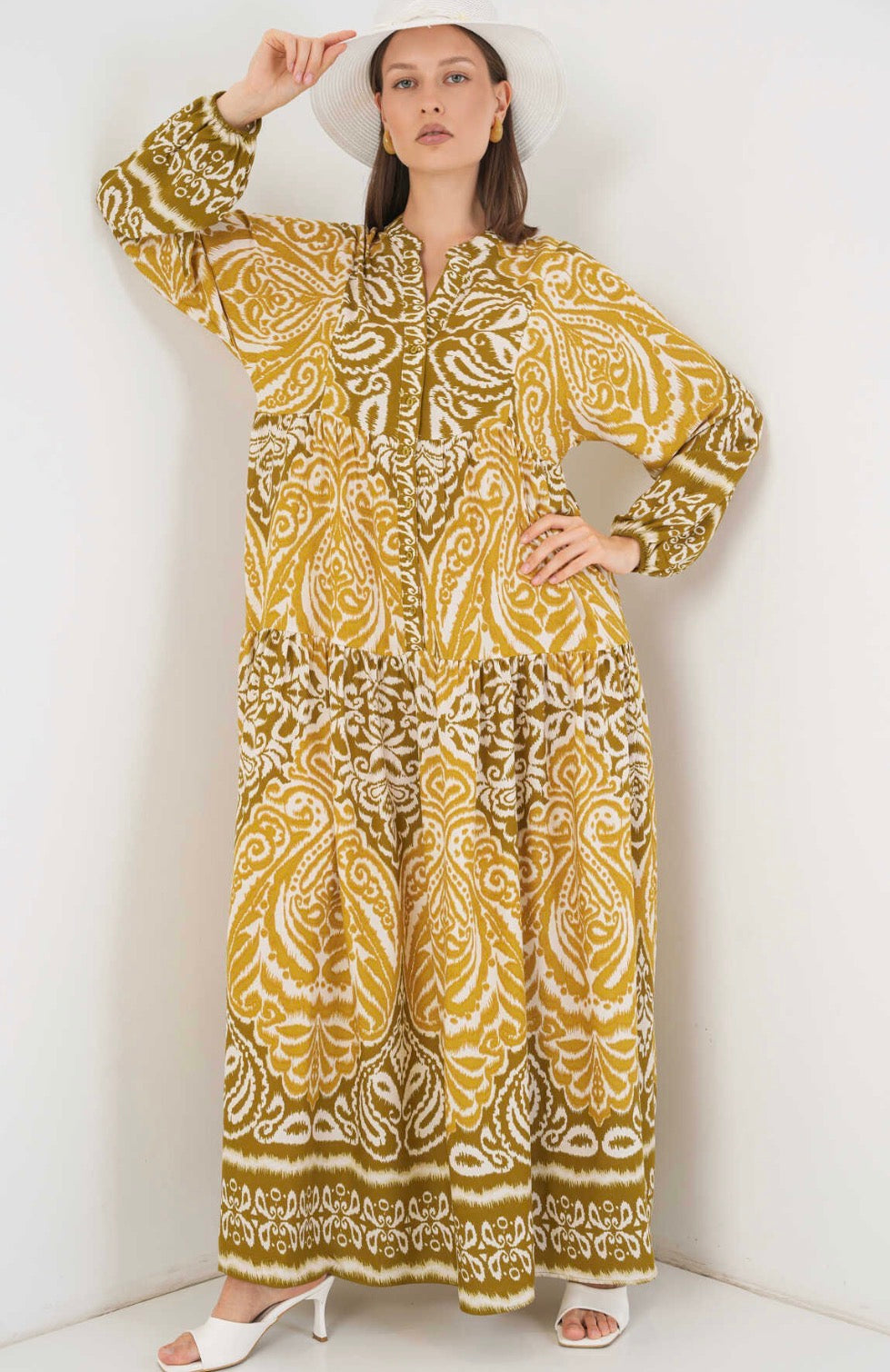 Mustard Boho-Chic Tiered Summer Hijab Dress