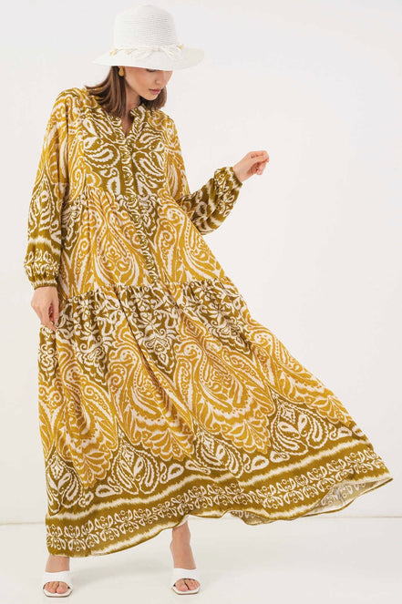 Mustard Boho-Chic Tiered Summer Hijab Dress