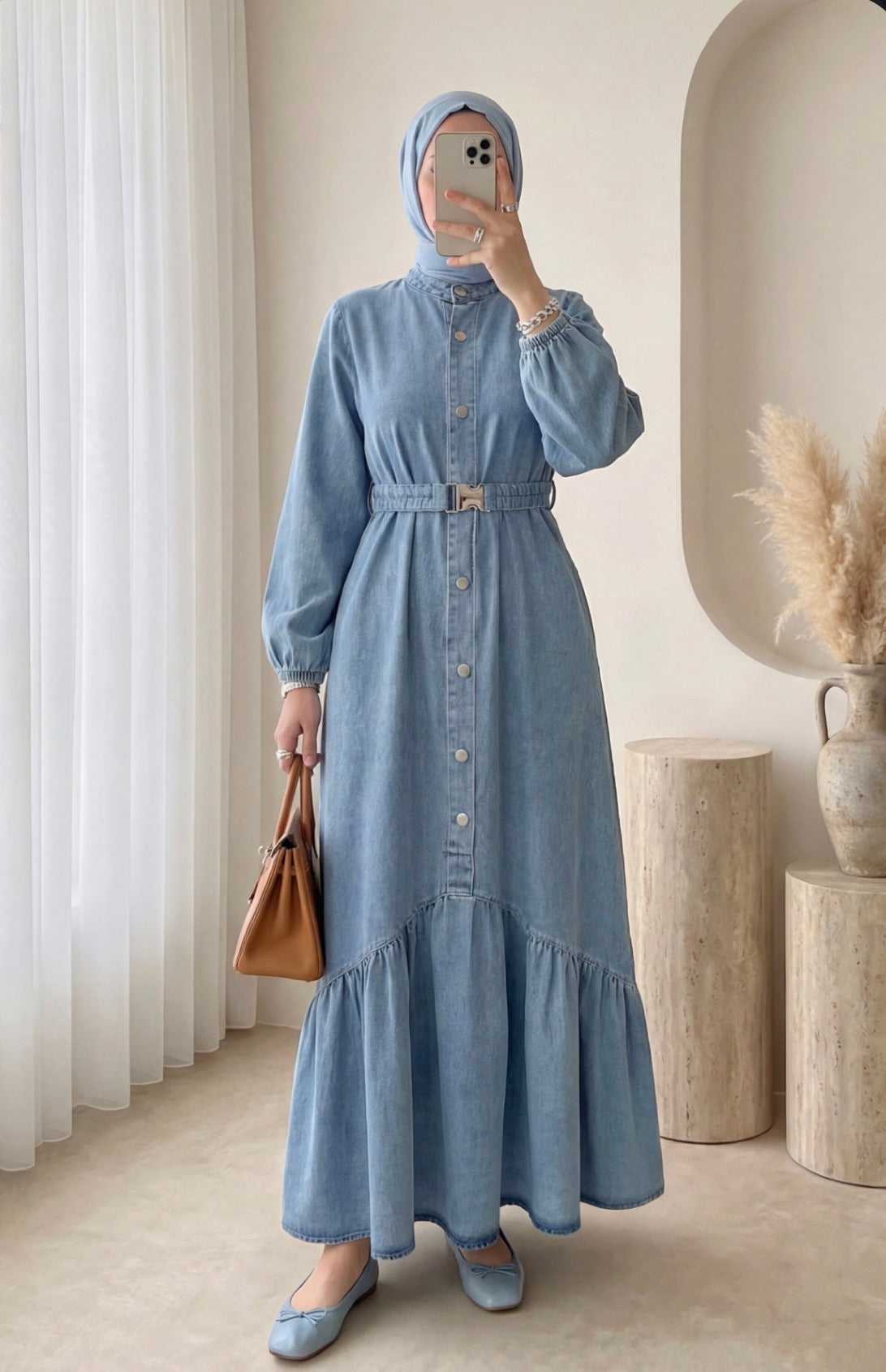 Long Denim Dress with Elastic Waistband and Button Closure - Ice Blue