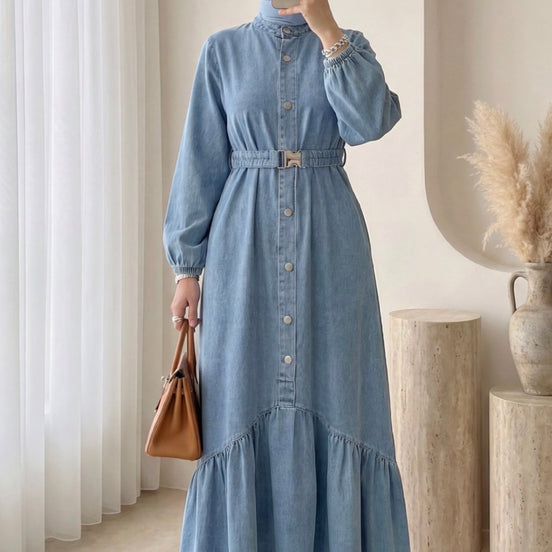 Long Denim Dress with Elastic Waistband and Button Closure - Ice Blue
