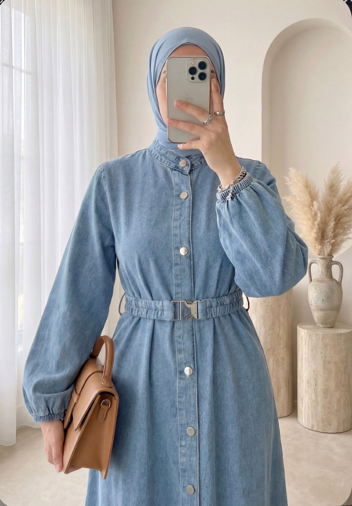Long Denim Dress with Elastic Waistband and Button Closure - Ice Blue