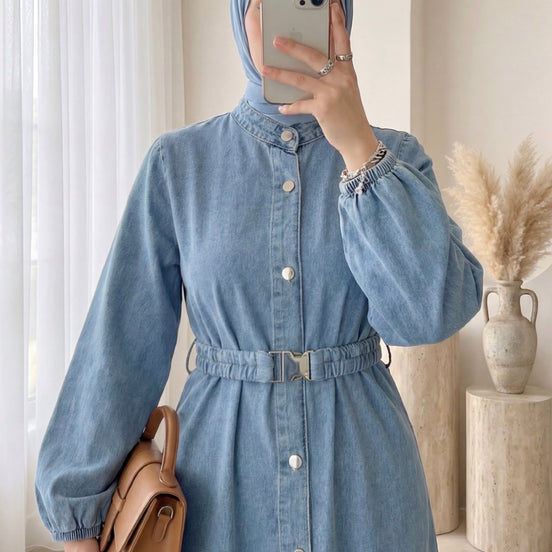 Long Denim Dress with Elastic Waistband and Button Closure - Ice Blue