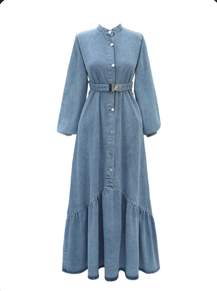 Long Denim Dress with Elastic Waistband and Button Closure - Ice Blue