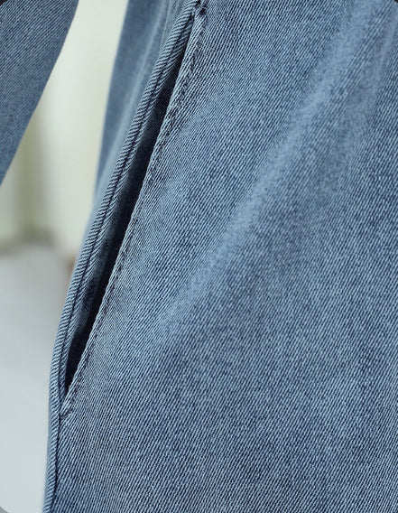 Long Denim Dress with Elastic Waistband and Button Closure - Ice Blue