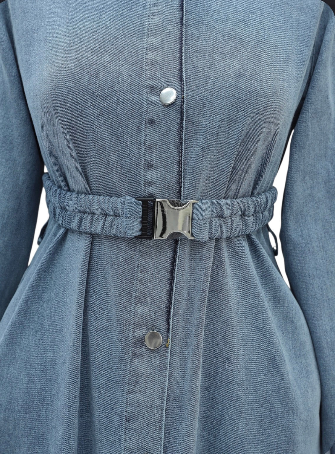Long Denim Dress with Elastic Waistband and Button Closure - Ice Blue