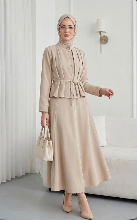 Crepe Beige Pleated Buttoned-Up Skirt Set