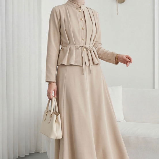 Crepe Beige Pleated Buttoned-Up Skirt Set