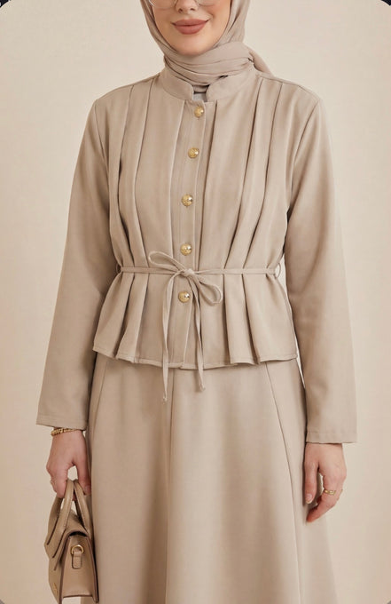 Crepe Beige Pleated Buttoned-Up Skirt Set
