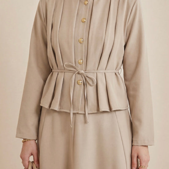 Crepe Beige Pleated Buttoned-Up Skirt Set