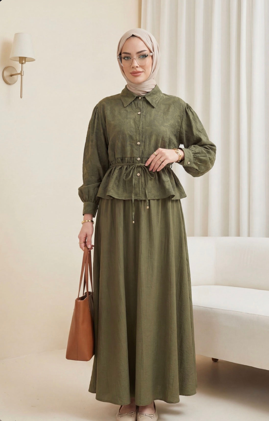 Jacquard Suit with Stone Embellished Buttoned Waistband and Skirt