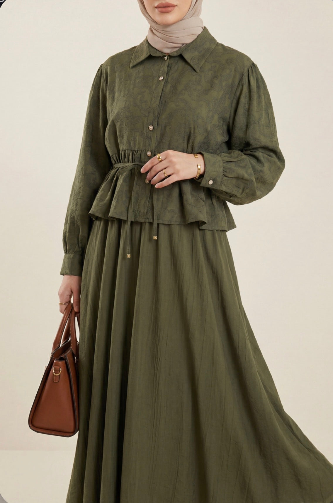 Jacquard Suit with Stone Embellished Buttoned Waistband and Skirt