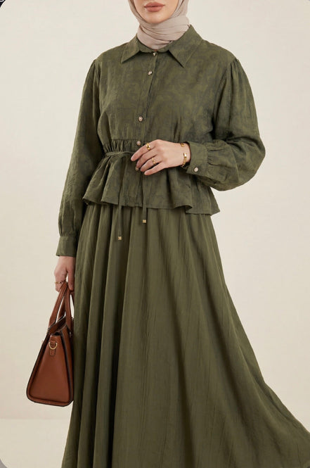 Jacquard Suit with Stone Embellished Buttoned Waistband and Skirt