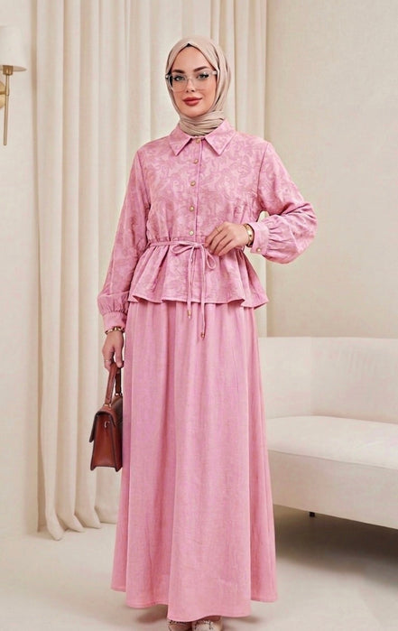 Dusty Pink Jacquard Peplum Skirt Set