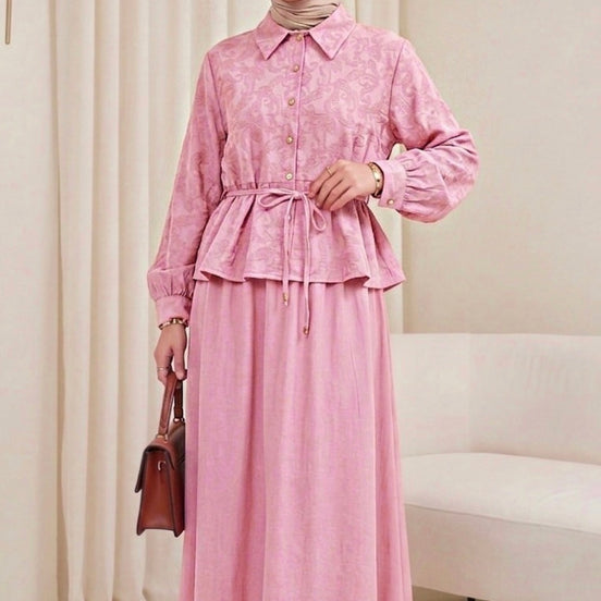 Dusty Pink Jacquard Peplum Skirt Set
