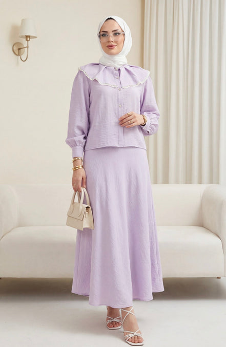 Lilac Lace-Collar Skirt Set