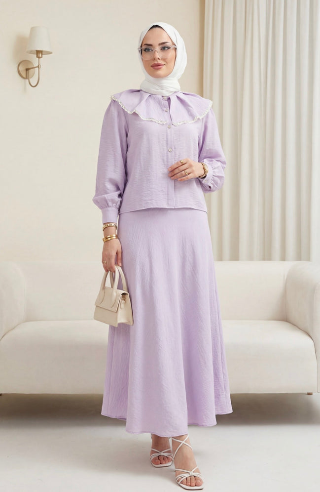 Lilac Lace-Collar Skirt Set