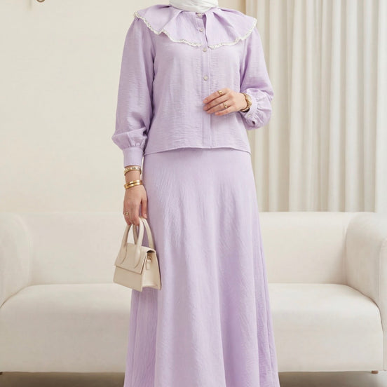 Lilac Lace-Collar Skirt Set