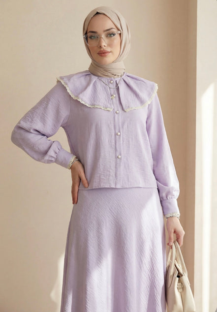 Lilac Lace-Collar Skirt Set