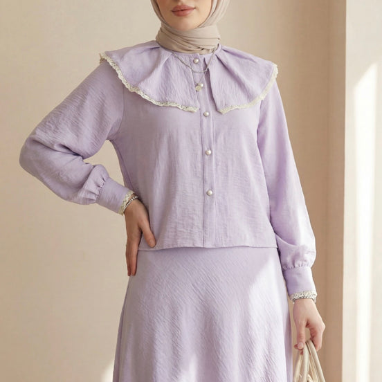 Lilac Lace-Collar Skirt Set