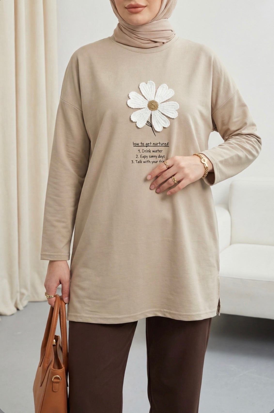 Front Embroidered Floral Crew Neck Cotton Top